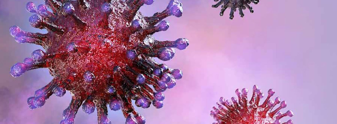 rote Coronaviren auf lila Hintergrund